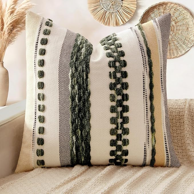 ANRODUO Pack of 1 Boho Decorative Throw Pillow Covers 18x18 Farmhouse Cushion Case Striped Chenille Pillow Cases Square Pillow Covers Accent Neutral Pillowcase for Sofa Couch Bed, Dark Green Stripe
