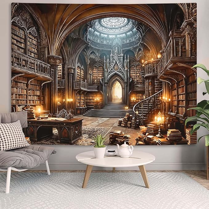 Accnicc Gothic Library Tapestry Medieval Bookshelf Tapestries Wall Hanging Goth Vintage Dark Academia Hall Book Library Backdrop Large Tapestry for Bedroom Living Room Dorm Classroom 80 x 60 inch