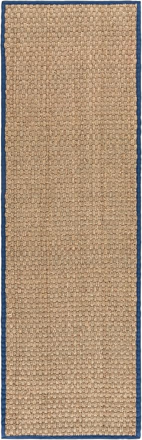 SAFAVIEH Natural Fiber Collection Runner Rug - 2'6" x 14', Natural & Navy, Seagrass, Basketweave Pattern with Border (NF114T)