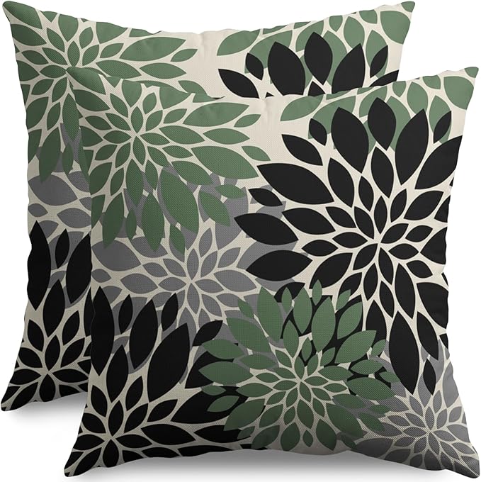 Black Sage Green Pillow Covers 16X16 Inch Set of 2, Spring Summer Floral Dahlia Flower Cream Decorative Throw Pillow Covers Outdoor Modern Farmhouse Cushion Case for Home Couch Sofa Bed Decor