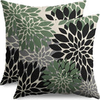 Black Sage Green Pillow Covers 18X18 Inch Set of 2, Spring Summer Floral Dahlia Flower Cream Decorative Throw Pillow Covers Outdoor Modern Farmhouse Cushion Case for Home Couch Sofa Bed Decor