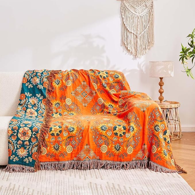 Boho Throw Blanket 100% Cotton Ultra Soft Luxury Throw Rustic Quilt 50"x60" Floral Printed Farmhouse Decor Bed Summer Blankets All Season Rustic Reversible Bohemian Throw for Bed Orange