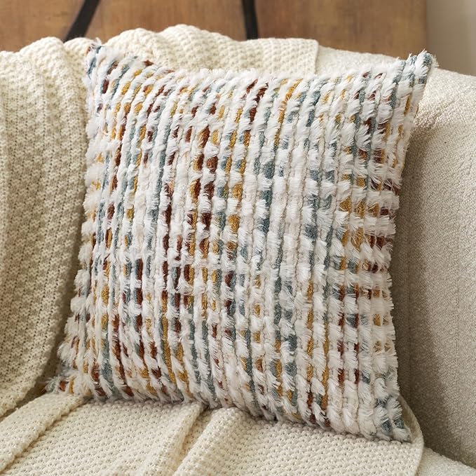 Aeckself Boho Chenille Tufted Pillow Cover 24 x 24 Inch, Decorative Square Big Throw Pillow Cover Neutral Pillowcase for Couch Bedroom Living Room, Orange White