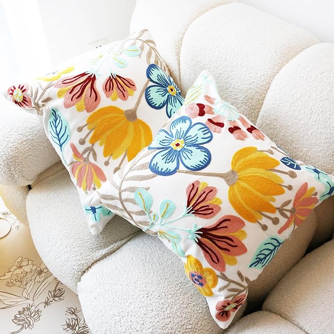 Embroidered Throw Pillow Cover Boho Floral Pillow Covers for Couch Sofa 3D Big Flowers Cotton Linen Bohemian Pillow Covers Multicolor Botanical Leaves 2PCS Pillowcase Covers 18x18 Inch