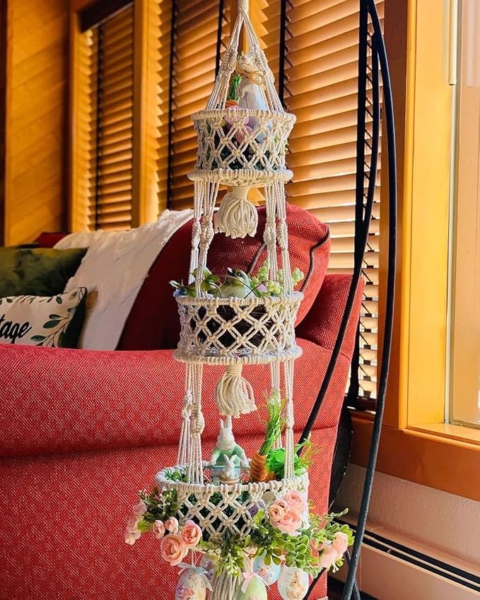 SnugLife Macrame 3 Tier Hanging Basket - Space Saving Hanging Fruit Basket for Kitchen or Decorative Boho Decor Hanging Plant Holder - Use for Produce Baskets, Indoor Planter Hangers, 42 Inches Beige