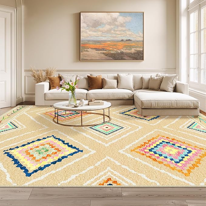 Area Rug 8x10 Rug Machine Washable Non-Slip Low Pile Print Pattern Western Rug for Living Room Bedroom Entryway Tribal Series -Cream/Beige