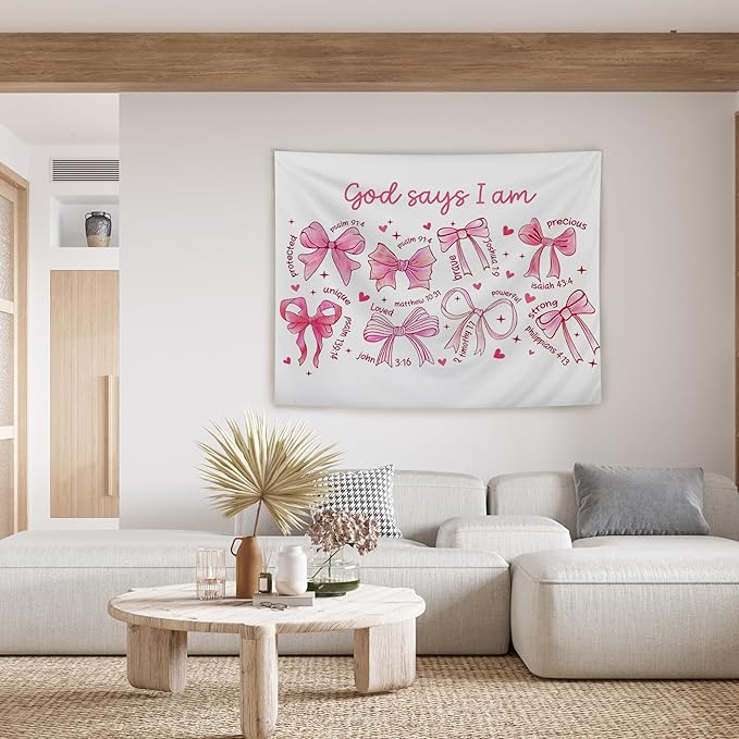 AQYIP Preppy Pink Bow Christian Tapestry Wall Hanging, God Says I Am Cute Inspirational Bible Verse Tapestry Decorative, Pink Girly Christian Wall Decor for Room, 50x60 Inch