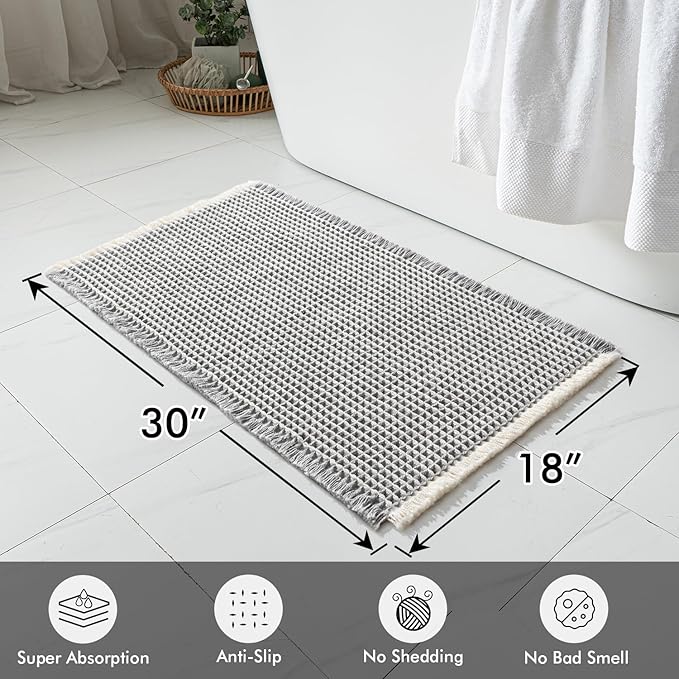 MIULEE Set of 2 Waffle Bathroom Rugs, Boho Bath Rugs Non Slip Washable, Super Absorbent Bath Mats, Ultra Soft Rubber Backed Shower Mats for Bathroom Floor, Tub, LightGrey & Cream, 18x30 Inch