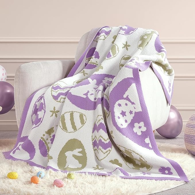 Amélie Home Easter Bunny and Eggs Chenille Knit Throw Blanket for Couch, Cozy Soft Spring Themed Blankets for Sofa, Bed, Gift, 50"x60", Purple/Green