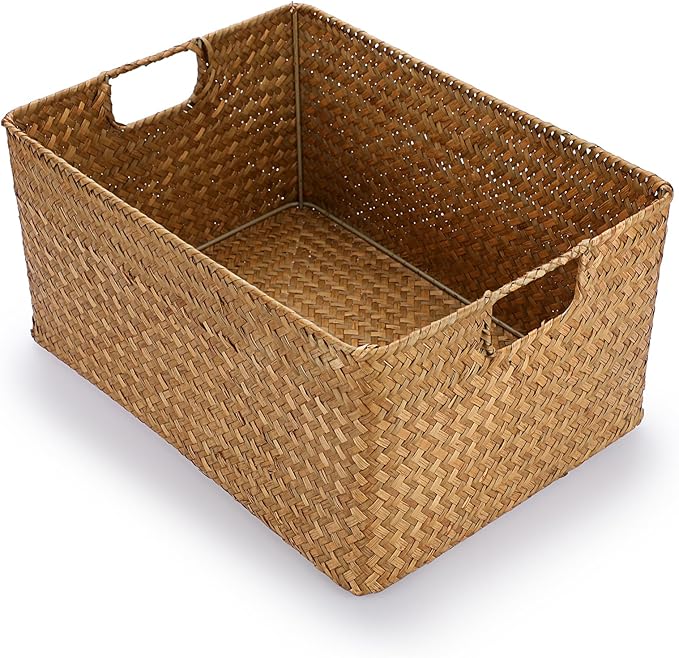Hipiwe Seagrass Storage Baskets Bin for Shelf Handwoven Wicker Baskets Built-in Handles Rectangular Closet Bedroom Organizer Box Multipurpose Woven Basket Bins,14.6"x 10.6"x 7.1"