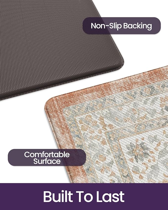 DEXI Kitchen Floor Mats Anti Fatigue, 23x86 Large Long Cushioned Vintage Runner Rug Waterproof, Standing Comfort Memory Foam Padded for Front Sink Laundry Office, Orange and White