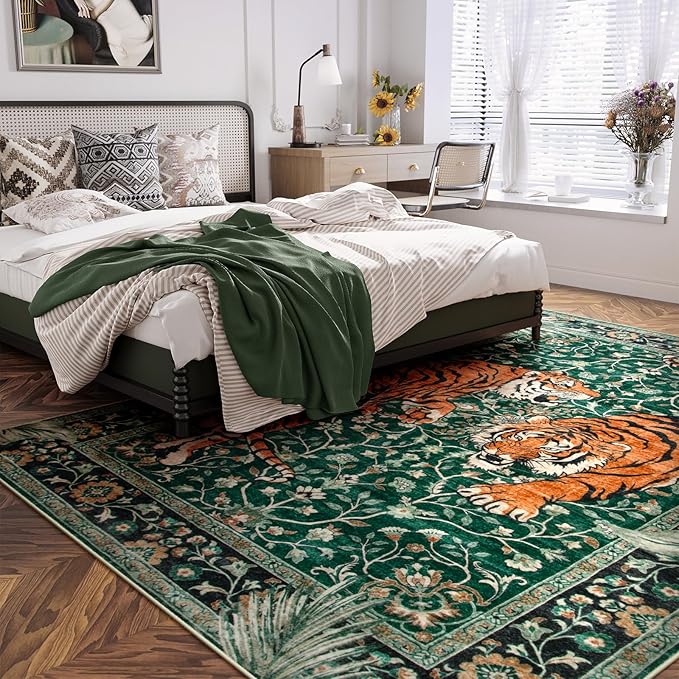 Moynesa Tiger 9x12 Washable Area Rug, Boho Green Rugs for Living Room, Non Slip Vintage Dining Room Rug, Botanical Ultra Thin Soft Stain Resistant Floor Carpet for Bedroom Home Office