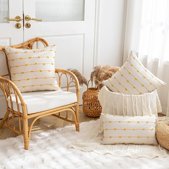 Boho Throw Pillow Covers 18x18 Set of 2 Modern Farmhouse Decorative Cushion Case Tufted Linen Square Pillows Cover Neutral Pillow Cases Accent Pillowcase for Sofa,Couch,Bed,Beige and Yellow