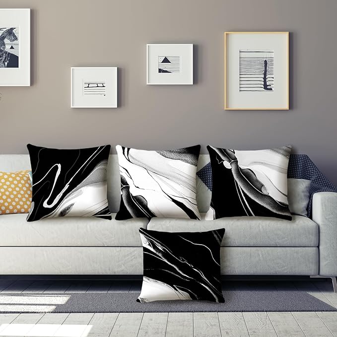 HOSTECCO Black and White Throw Pillow Covers 18x18 inch Set of 4 Marble Abstract Pillow Cases Modern Decorative Cushion Covers for Sofa Couch Office Car
