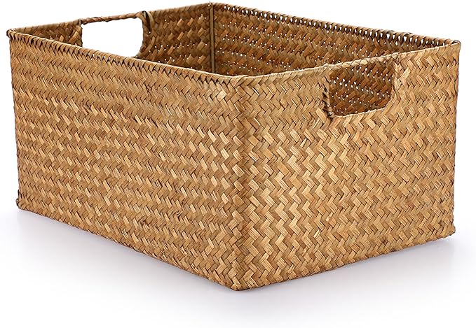 Hipiwe Seagrass Storage Baskets Bin for Shelf Handwoven Wicker Baskets Built-in Handles Rectangular Closet Bedroom Organizer Box Multipurpose Woven Basket Bins,14.6"x 10.6"x 7.1"