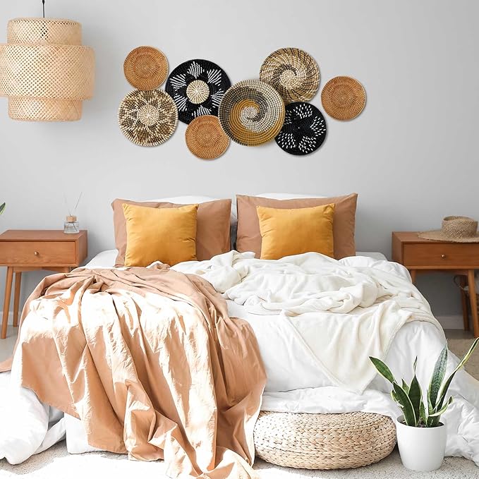 Xuhal 8 Pcs Boho Wall Basket Decor Decorative Bulrush Woven Basket Wall Decor Rustic Farmhouse Hanging Baskets for Kitchen Rustic Home Summer Decorations(Vintage)