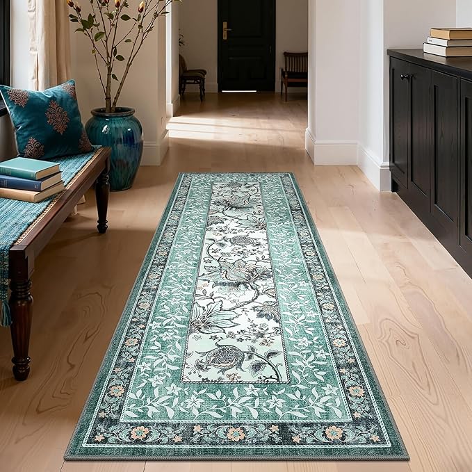 GarveeHome Teal 2x6 Washable Kitchen Runner Rugs Non Slip Provence Botanical Grove Vintage Boho Cottage Long Rug for Hallways Bedroom TPE Rubber Backing