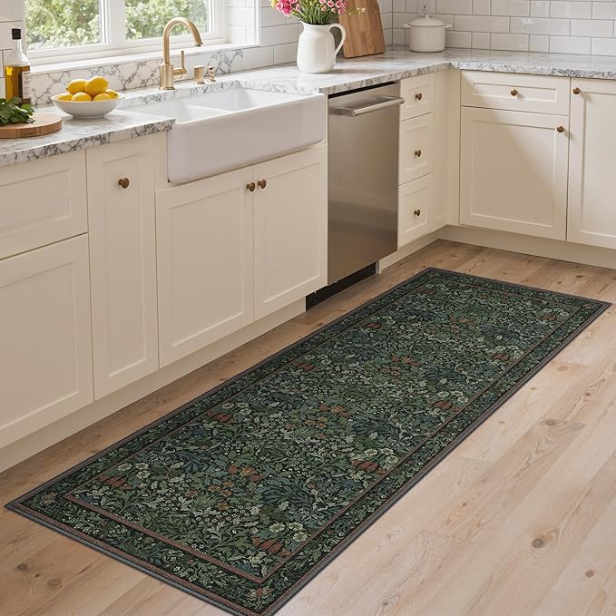 GENIMO Washable Floral Runner Rug 2x5, Non-Slip Long Hallway Carpet for Entryway, Kitchen, Indoor Floor Use, Vintage Boho Soft Thin Rug Décor, Dark Green