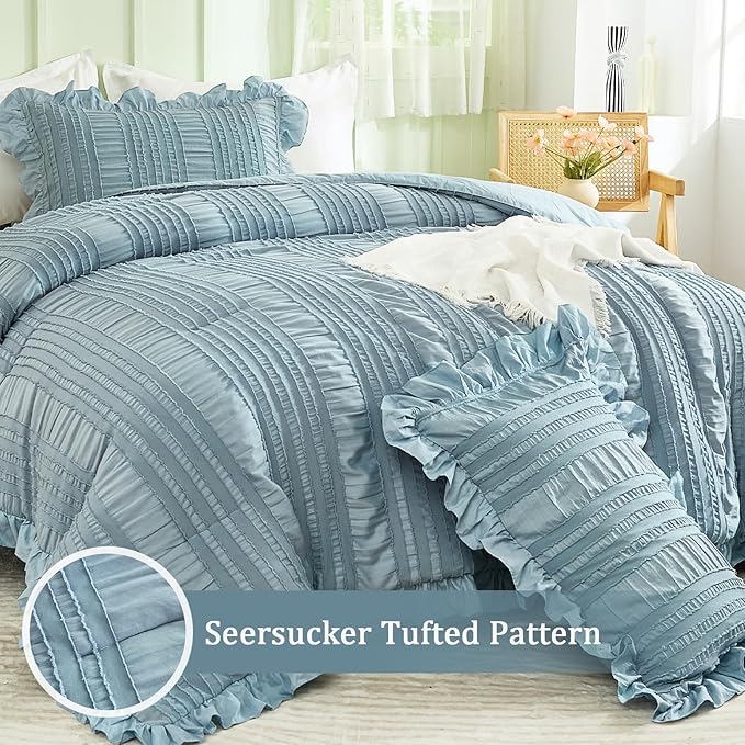 WONGS BEDDING Blue Comforter Set King,3 Pieces Ruffle Farmhouse Shabby Chic Boho Comforter for King Bed,Soft Textured Bedding Set with 1 Ruffle Comforter,2 Tufted Pillowcases 104"×90"