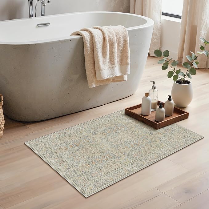 GENIMO 2x3 Indoor Doormat, Washable Non-Slip Vintage Floral Low Pile Door Mat for Entryway Front Door Kitchen Bathroom, Stain Resistant Small Throw Rug Runner (Beige)