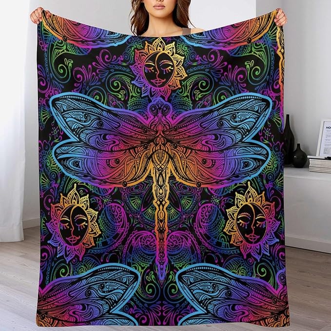 Mandala Boho Throw Blanket Colorful Dragonfly Sun Bohemian Blanket for Sofa Bed Couch Chair Or Dorm 40"x50"