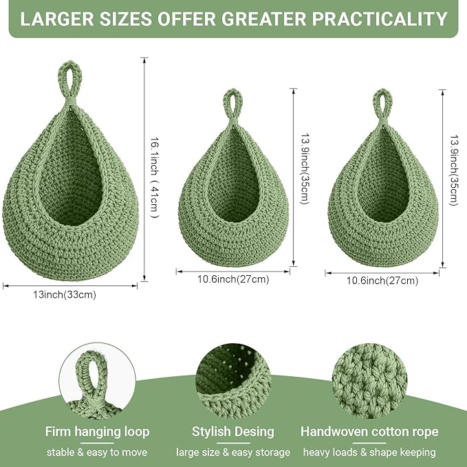 Halidali Hanging Fruit Baskets for Kitchen, 3 Pack Boho Cotton Rope Handwoven Vegetable Storage Wall Mounted Large Organizing Basket for Farmhouse Decor, Onion, Potato, Garlic and Plants (Green)