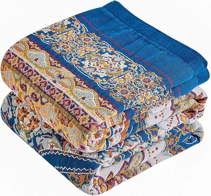 Boho Throw Blanket 100% Cotton Muslin Woven Blanket Bohemian Bed Throws Vintage Rustic Farmhouse Decor Reversible Bed Blanket Quilt for All Seasons（Blue 50"x60"）