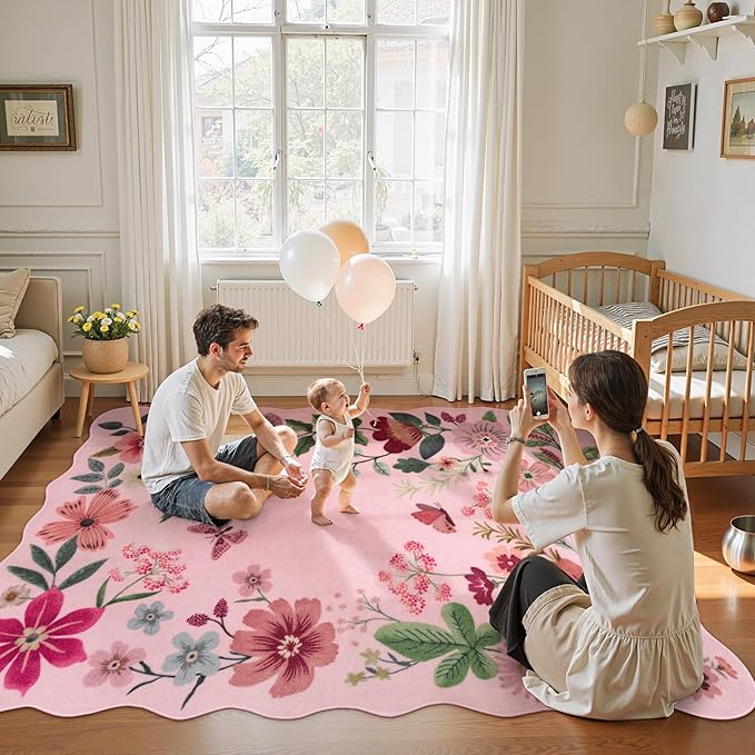 Lahome Floral Living Room Rugs, Pink Area Rugs 5x7 Rug for Bedroom Ultra-Thin Soft Rug, Non-Slip Washable Rugs Throw Boho Rug for ‎‎Nursery Playroom Classroom Flore (5x7ft, Pink)