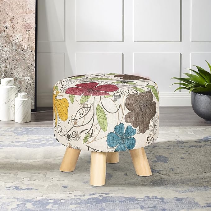 Asense 11-inch Round Ottoman Footstool,Small Padded Seat with Wood Legs,Foot Rest Stool for Living Room Bedroom Couch,Flower