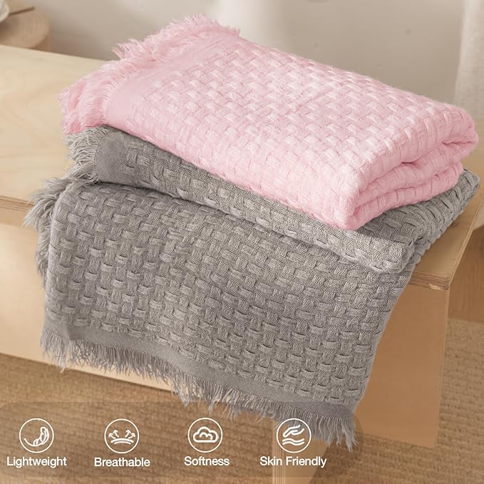Exclusivo Mezcla Twin Size Knit Blanket with Fringes for Bed, Reversible Super Soft and Warm Woven Boho Throw for All Season, Home Decor, 60"x80", Light Pink