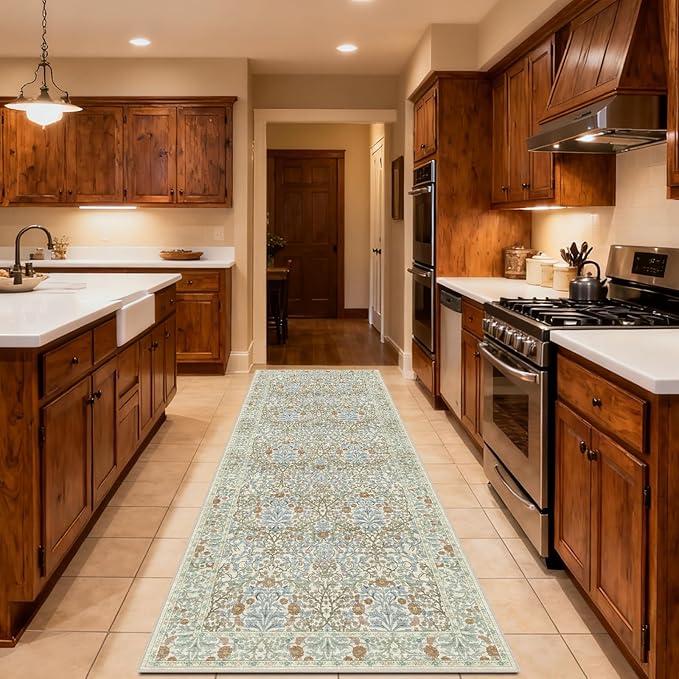 Washable 2'6" x 10' Runners for Hallways, Non Slip Long Floor Runner for Kitchen, Entryway Indoor, Stain Resistant Rubber Backing Floral Décor Rug (Beige Blue)