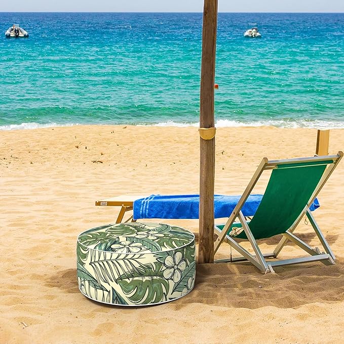 Inflatable Ottoman Stool D21 xH9 for Outdoor/Indoor Use, Water Repellent Patio Foot Rest with Portable Handle,Round Pouf Ottoman Suitable for Garden,Deck and Camping-Tropical Paradise