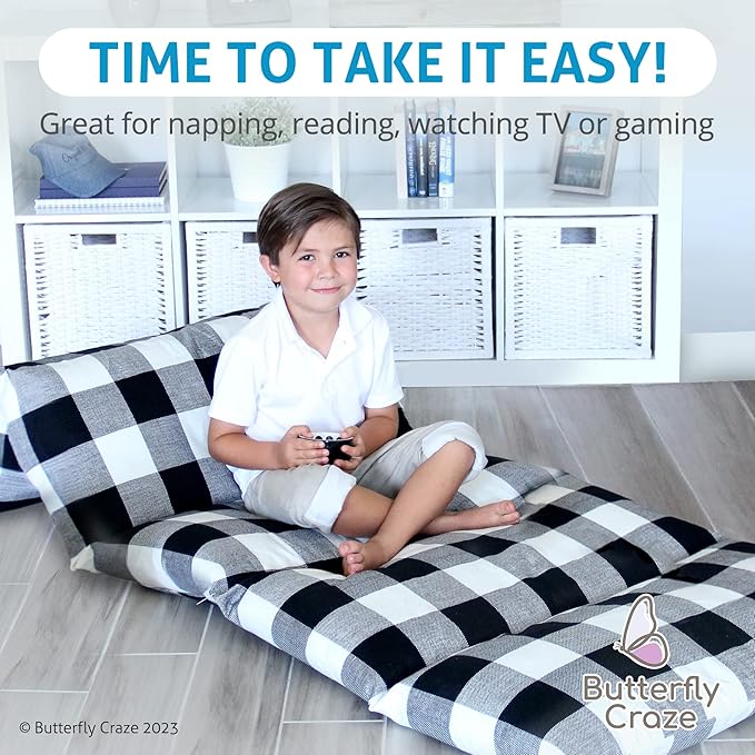 Butterfly Craze Floor Pillow Case, Mattress Bed Lounger Cover, Black/White, Queen Size - Cozy Seating Solution for Kids & Adults, Recliner Cushion, for Reading, TV Time (Pillow Not Included)