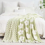 Checkered Throw Blanket, Sage Green Super Soft Knit Breathable Throw Blanket, Cozy Fluffy Reversible Checkerboard Flower Fuzzy Blanket for Couch Sofa Bed Living Room Decor 50 x 60 inch