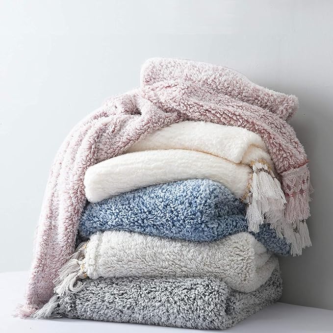 Ultra Soft Fleece Sherpa Blanket Queen Size,Lightweight Cozy Boho Bed Blanket with Decorative Tassel, Pattern Reversible, Antique White, 90”x90”