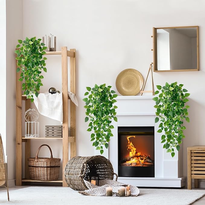 Sggvecsy Fake Hanging Plants 4 Pcs Artificial Hanging Plants Fake Ivy Vine Faux Pothos Vines Artificial Ivy Leaves Greenery Plant for Room Patio Home Indoor Outdoor Shelf Wall Garden Decor(No Baskets)