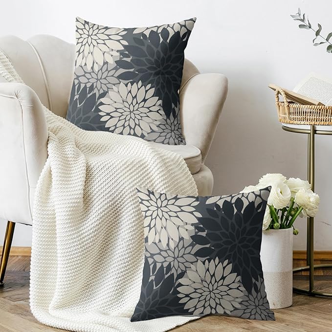 Dusty Blue Cream Grey Gray Pillow Covers 20X20 Inch Set of 2, Modern Dahlia Floral Print Decorative Throw Pillow Covers Outdoor Farmhouse Cushion Case for Home Couch Sofa Bed Decoration