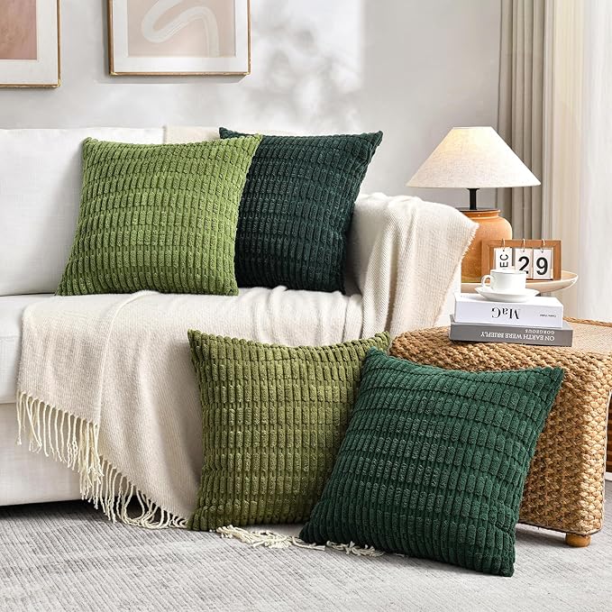 Fancy Homi Set of 4 Green Boho Winter Decorative Throw Pillow Covers 26x26 Inch for Couch Bed Sofa, Aesthetic Modern Bohemian Room Decor, Fuzzy Fluffy Cozy Corduroy Textured Cushion Case 66x66cm