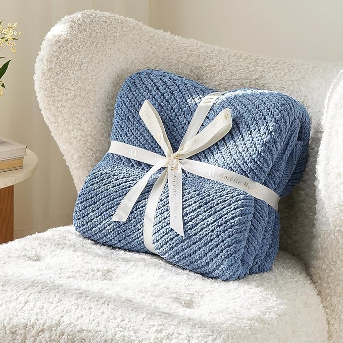 Amélie Home Chevron Chenille Knit Throw Blanket for Couch Bed, Classic Texture Decorative Soft Blanket for Sofa, Chair & Bedroom, 50"x60", Blue