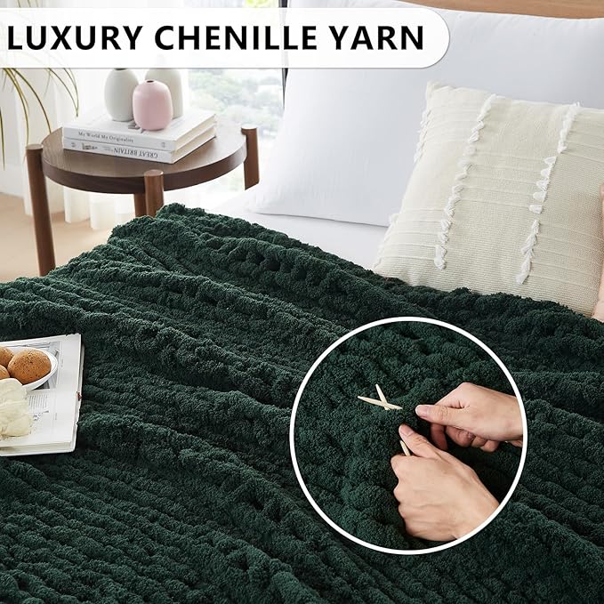L'AGRATY Chunky Knit Blanket Throw: 72''x84'' Chenille Chunky Knitted Throw Blanket for Bed Couch - Handmade Thick Big Cable Knit Blankets - Large Crochet Rope Blanket for Home Decor(Green)