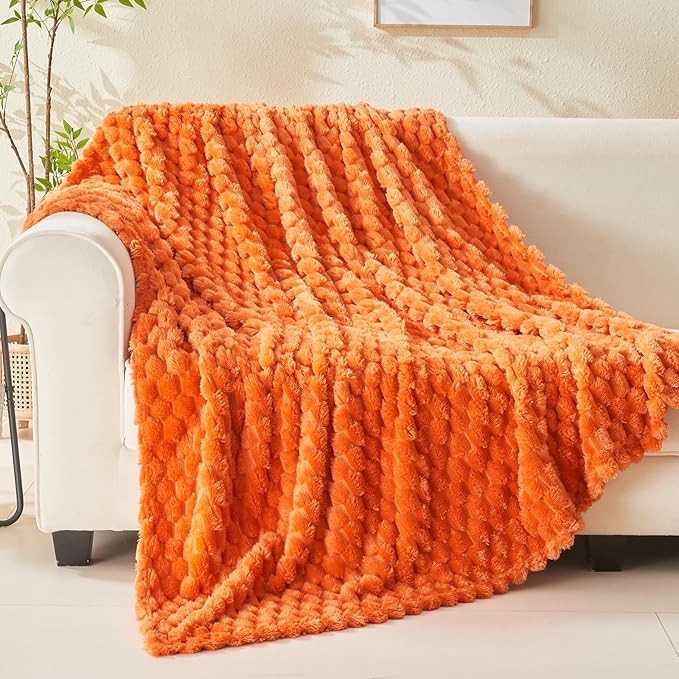 NEWCOSPLAY Super Soft Fall Queen Blanket Orange Premium Silky Flannel Fleece 3D Clouds Stylish Jacquard Lightweight Bed Blanket All Season Use 350GSM (Orange, Queen(90"x90"))