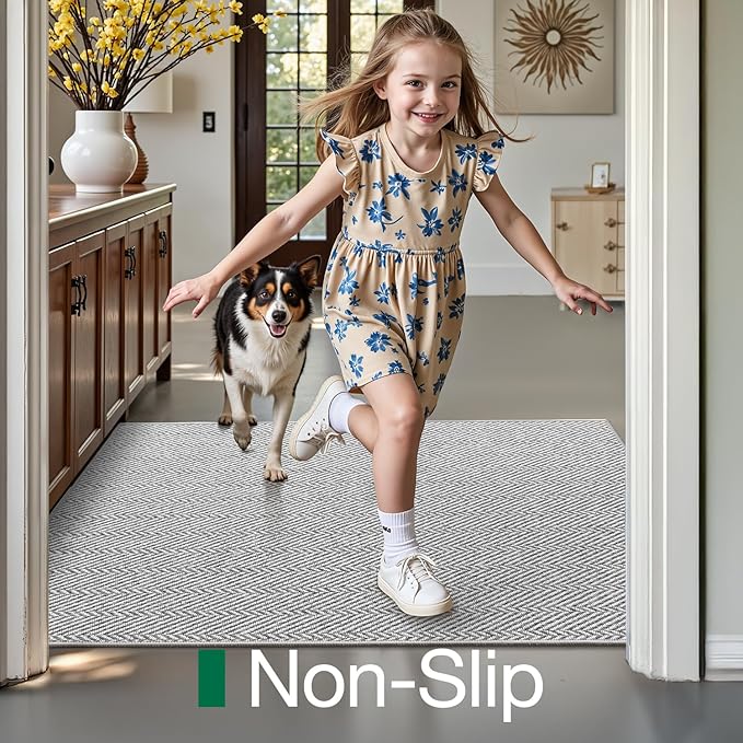 LUMI Ultra Thin Indoor Door Mat for Entrance 48"x72", Non Slip Entryway Mat, Low Profile Doormat, Unique Herringbone Design Carpet for Inside, Patio, Porch, Gray