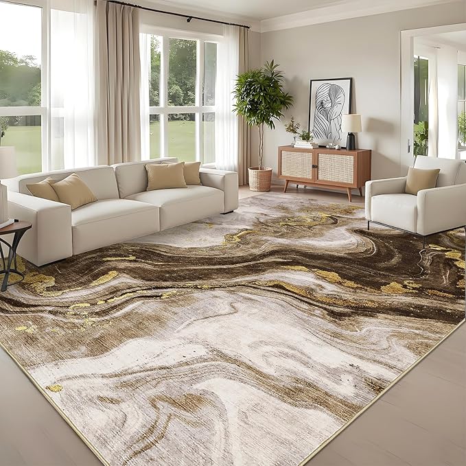 GarveeHome Large Area Rugs 10x13 Modern Abstract Rug with Marble Swirl Pattern, Neutral Abstract Rugs for Farmhouse, Stain-Resistant Low Pile Floor Cover for Bedroom Living Room Office, Brown