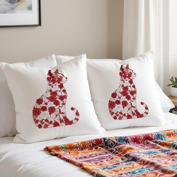 Red and White Rose Floral Cat Pillow Covers 18x18, Gifts for Cat Lovers Mom Lady Owners, Elegant Kitten Kitty Decorative Pillow Covers for Home Bedroom Living Room Decor, Pet Lover Gifts