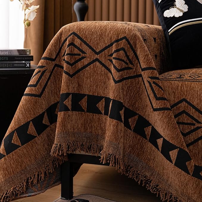 VClife Bohemian Couch Cover for Dog, Plush Thick Chenille Aztec Couch Cover for 3-4 Cushion Couch Sofa Pet Friendly Sofa Slipcover with Tassel 71"X150"