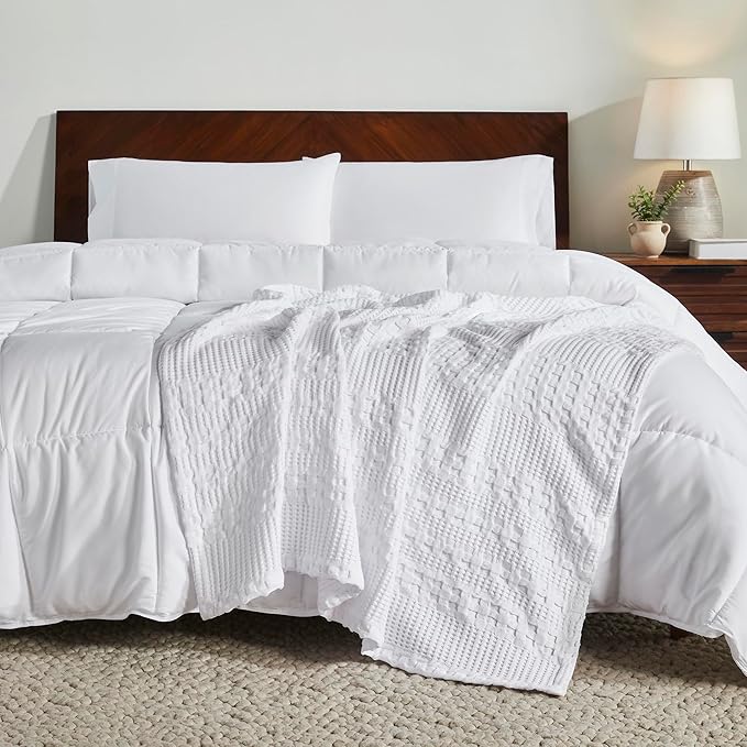VHC Brands 100% Cotton Waffle Weave White Throw 50x60, Decorative Cotton Throw Blanket, Boho Farmhouse Bedroom, Living Room Decor for Bed, Couch, or Sofa