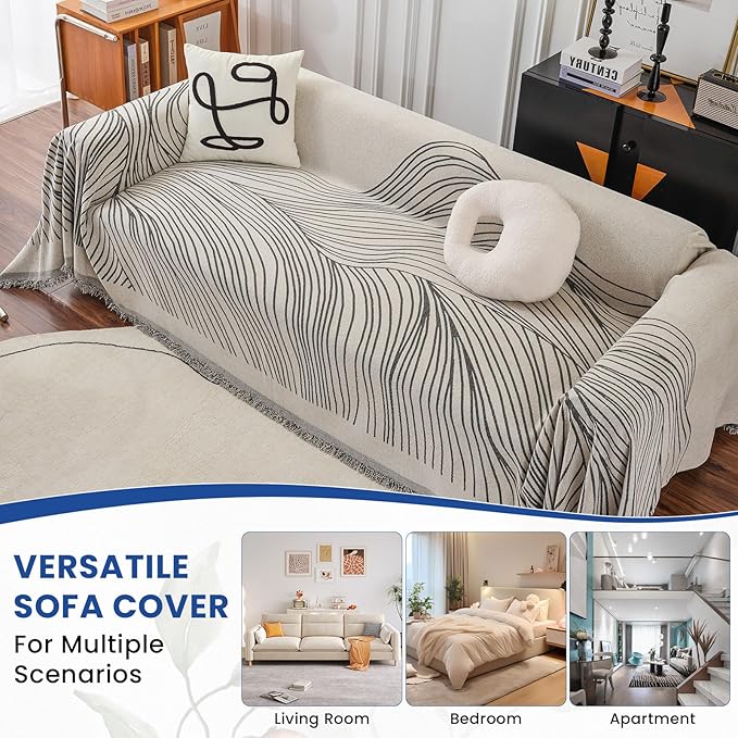 VClife XXL Sofa Cover Chenille Couch Cover for 3 Cushion Couch Sofa, Modern Beige Gray Striped Couch Covers for Kids Washable Sectional Sofa Protector with Tassel 71"X150"