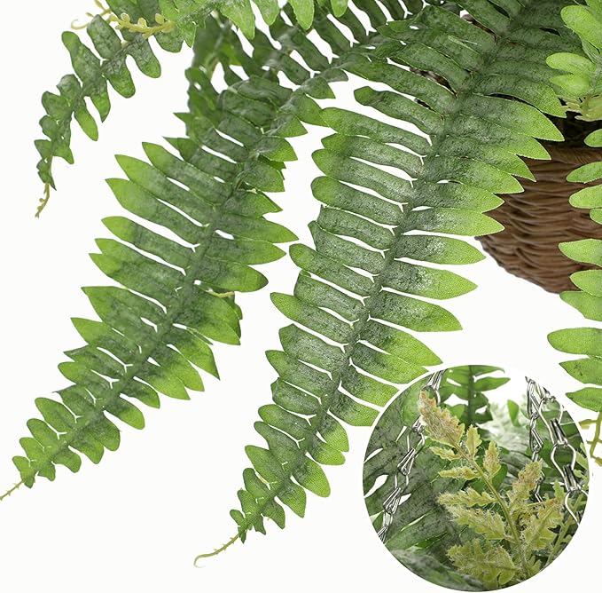 Hollyone 25" Artificial Boston Fern Hanging Basket 31 Leaves Fake Ferns in Rattan Pot Medium Greenery Plants for Outdoors & Indoor Faux Fern Bush Basket Plant Patio Garden Home Decor Dusty Green