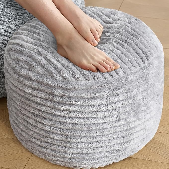 SHOUREN Stuffed Round Pouf Ottoman,Corduroy Foot Rest with Shredded Foam Filling, Lightweight and Fluffy Pouf Storage Ottoman for Living Room,Floor Poufs for Couch,18"x 14", Light Grey