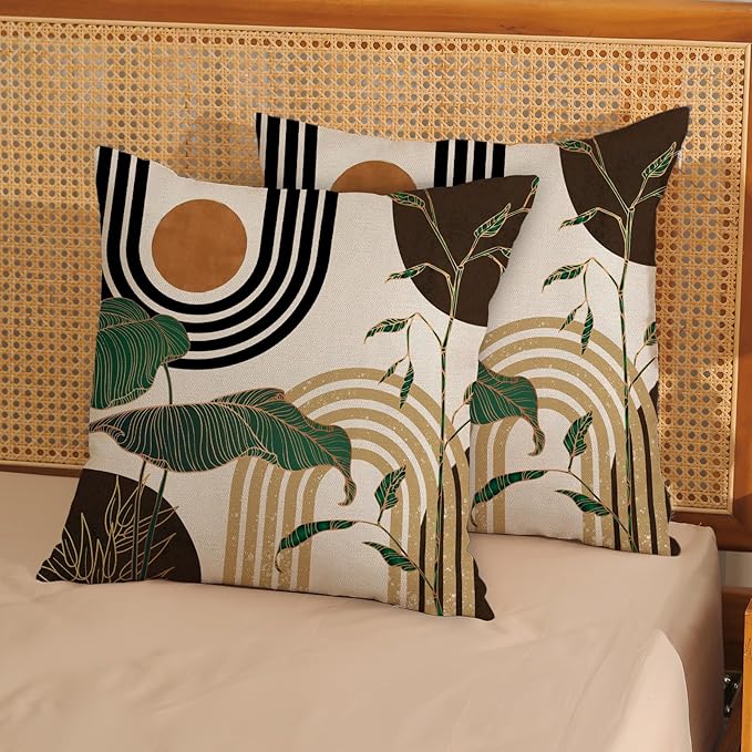 Boho Brown Pillow Covers 18x18 Set of 2 Green Gold Leaf Tropical Mid Century Throw Pillows Outdoor Bohemian Decorative Pillow Cases Modern Abstract Linen Cushion Case for Couch Sofa Decor